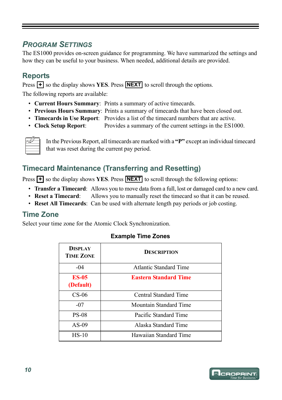 Program settings, Reports, Timecard maintenance (transferring and resetting) | Time zone, Rogram, Ettings | Acroprint ES1000 User Manual | Page 16 / 40