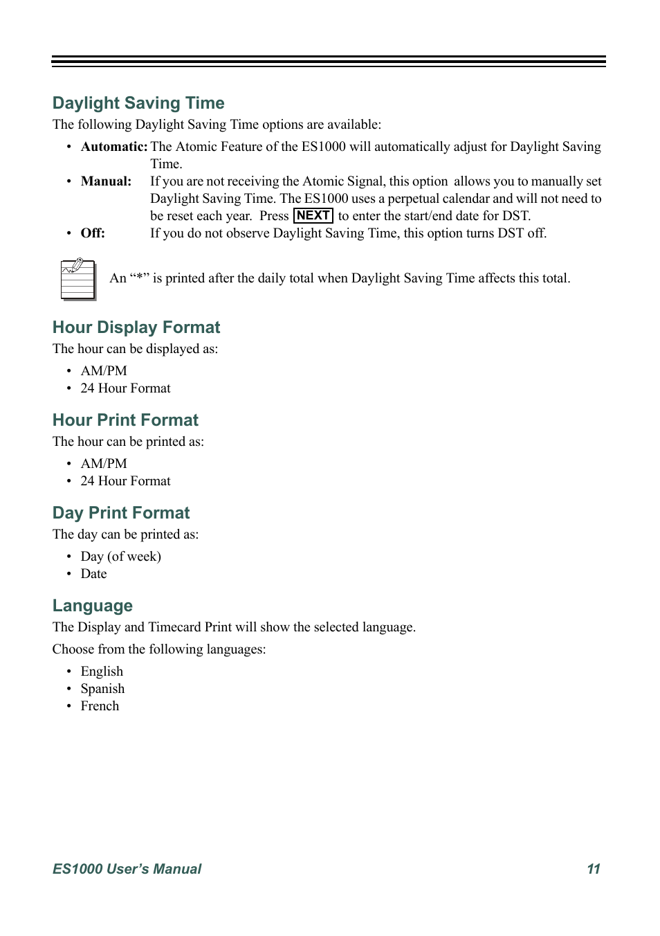 Daylight saving time, Hour display format, Hour print format | Day print format, Language | Acroprint ES1000 User Manual | Page 17 / 40