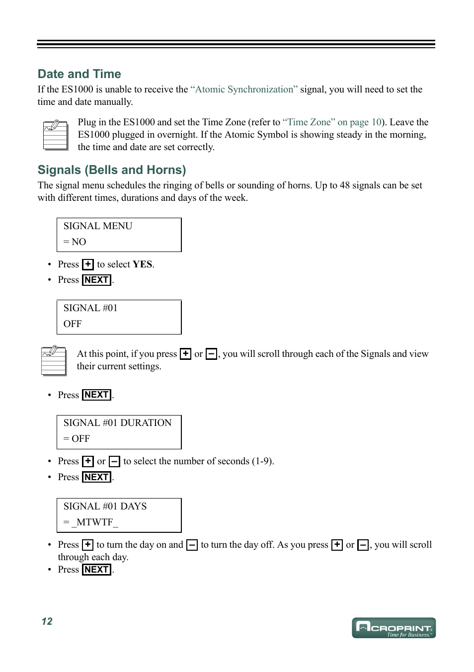 Date and time, Signals (bells and horns) | Acroprint ES1000 User Manual | Page 18 / 40