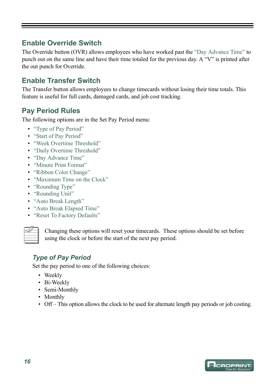 Enable override switch, Enable transfer switch, Pay period rules | Type of pay period, Pay period type/start | Acroprint ES1000 User Manual | Page 22 / 40
