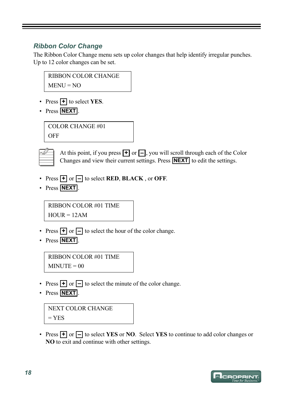 Ribbon color change | Acroprint ES1000 User Manual | Page 24 / 40