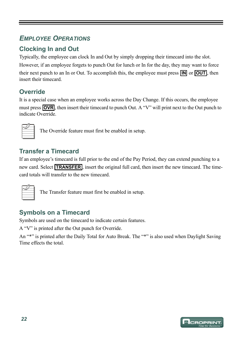 Employee operations, Clocking in and out, Override | Transfer a timecard, Symbols on a timecard, Mployee, Perations, Working across the day | Acroprint ES1000 User Manual | Page 28 / 40