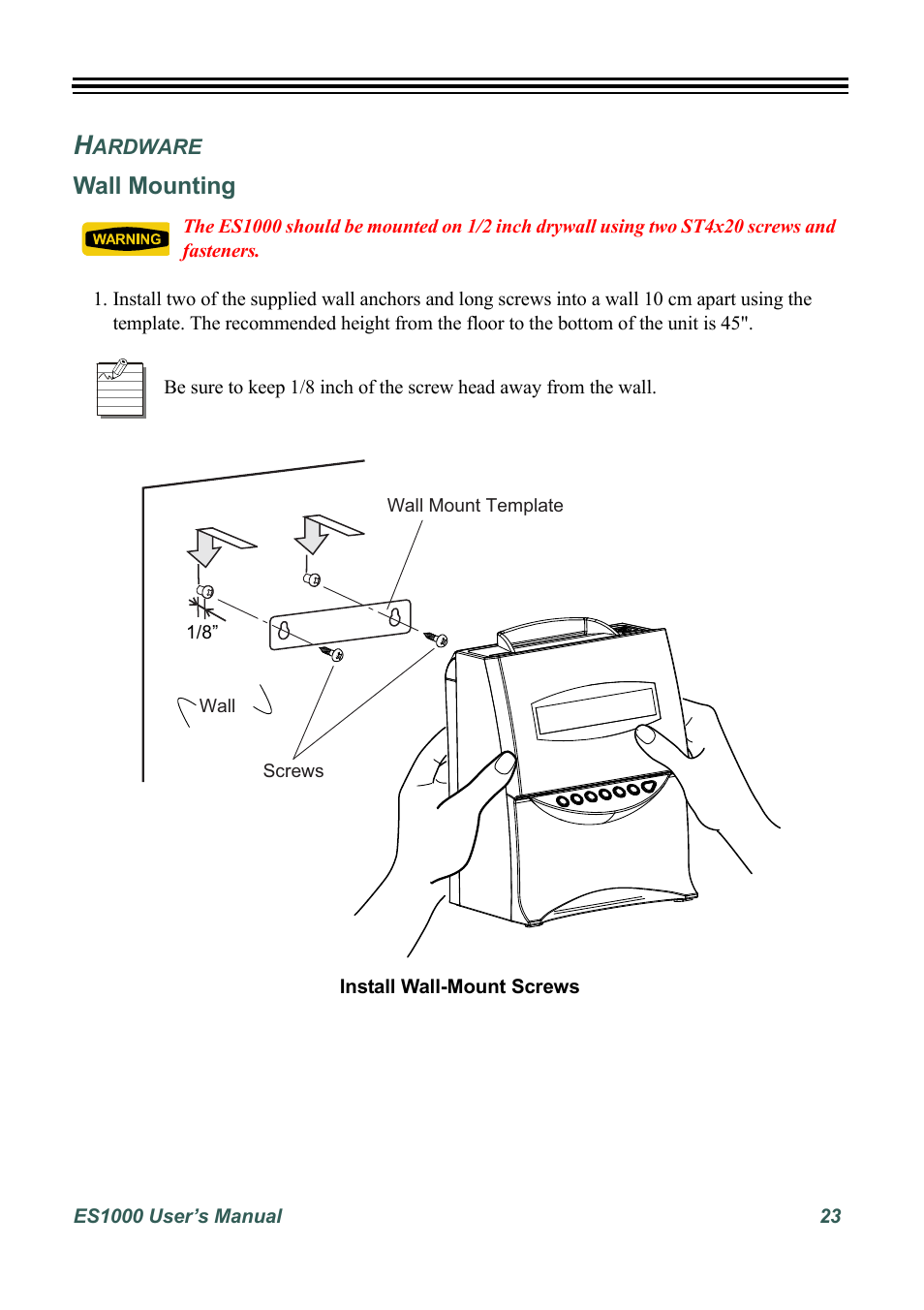 Hardware, Wall mounting, Ardware | Acroprint ES1000 User Manual | Page 29 / 40