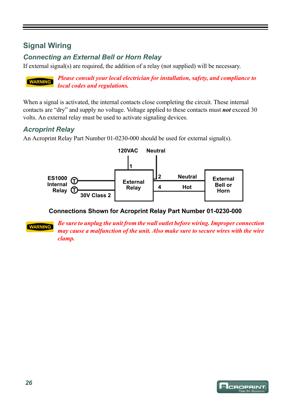 Signal wiring, Connecting an external bell or horn relay, Acroprint relay | Acroprint ES1000 User Manual | Page 32 / 40