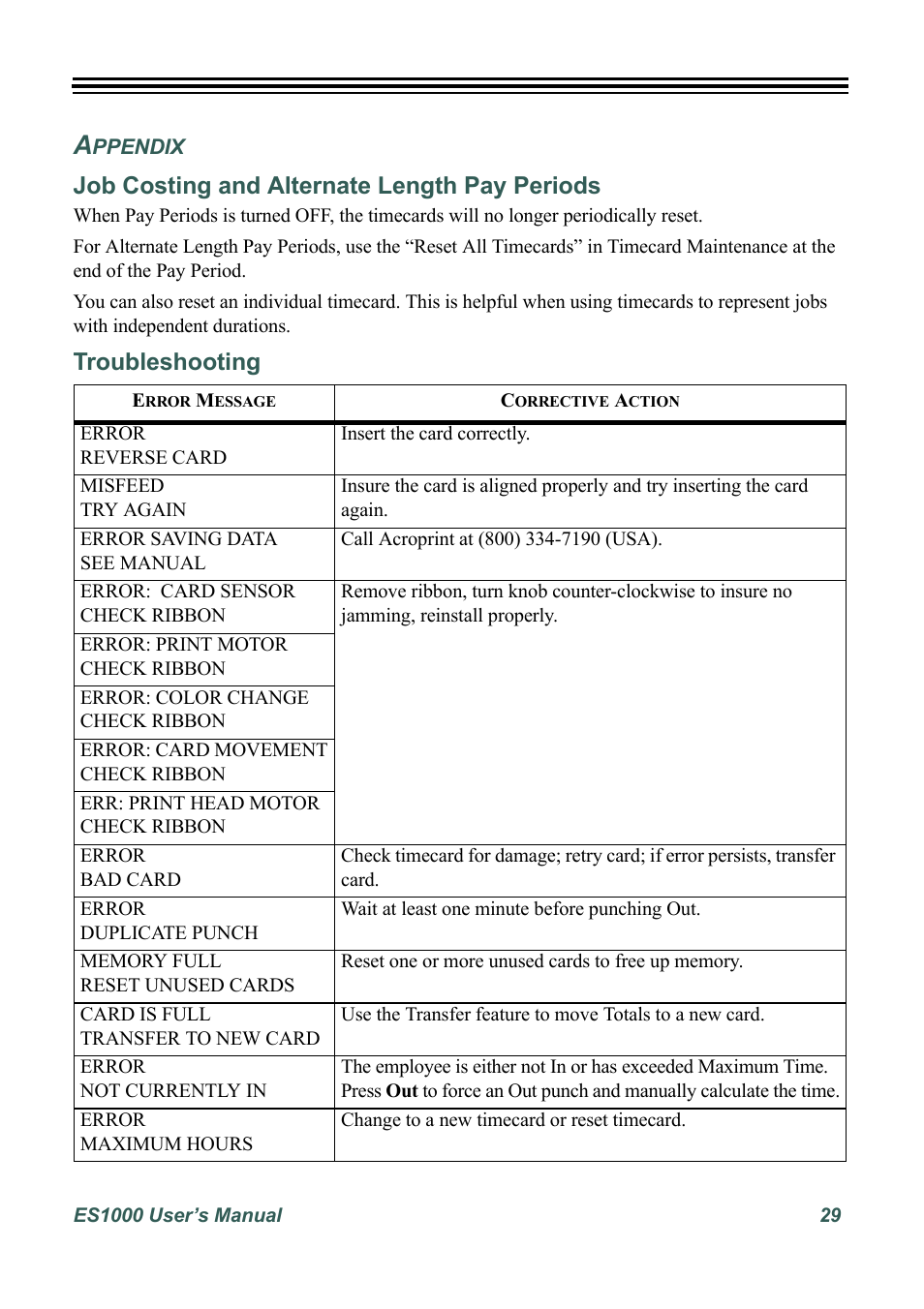 Appendix, Job costing and alternate length pay periods, Troubleshooting | Ppendix | Acroprint ES1000 User Manual | Page 35 / 40