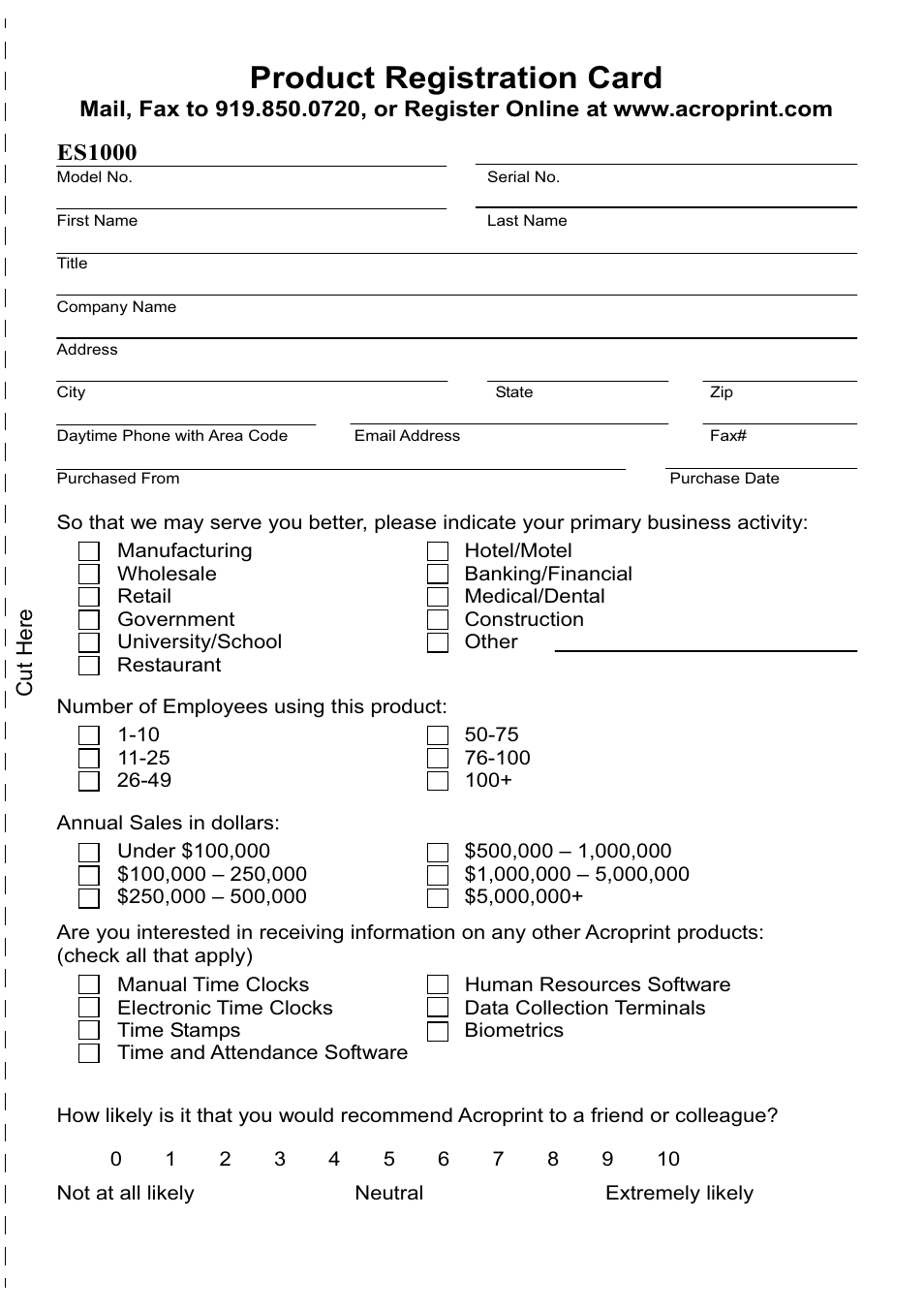 Product registration card, Es1000, Cut here | Acroprint ES1000 User Manual | Page 37 / 40