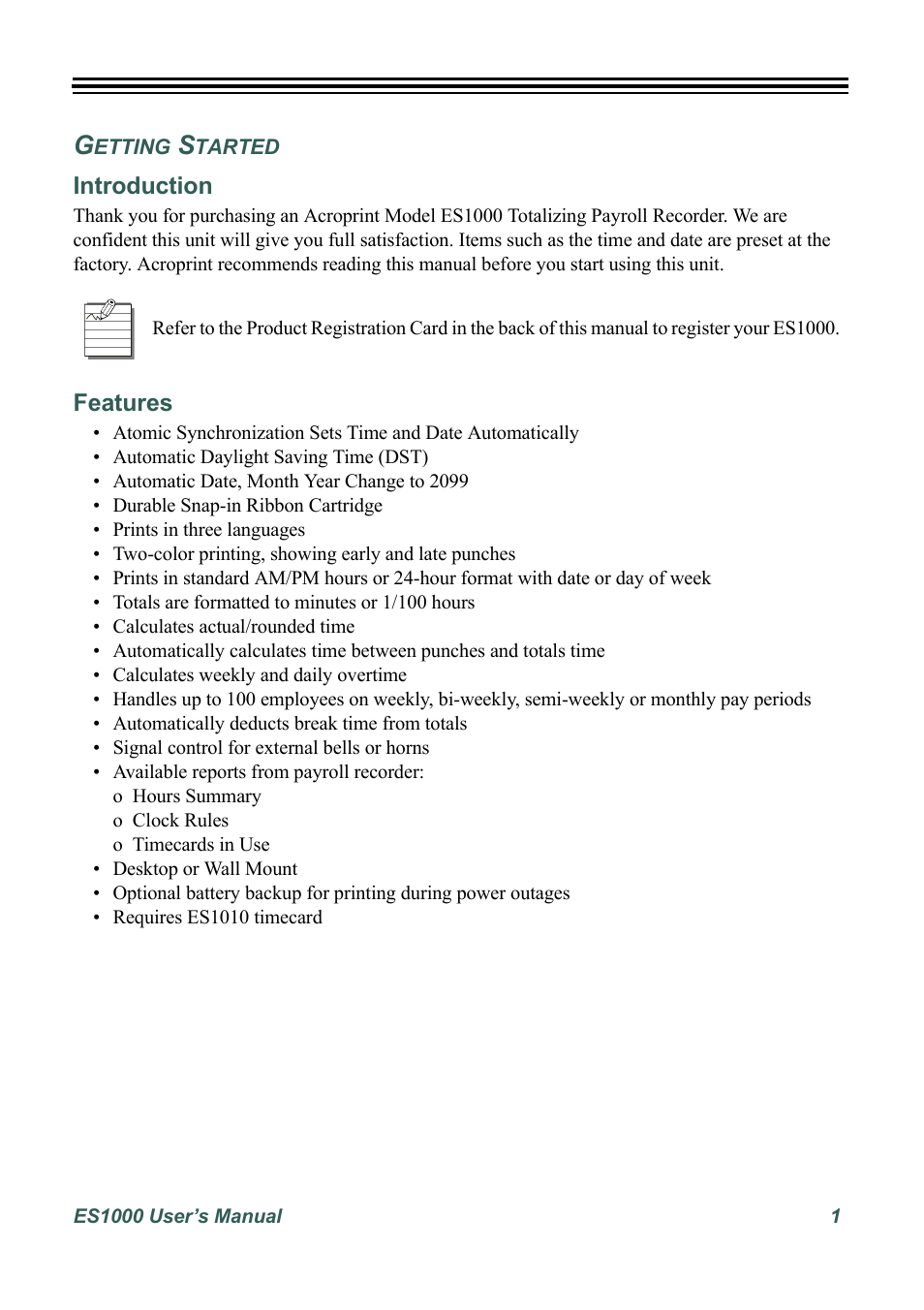 Getting started, Introduction, Features | Etting, Tarted | Acroprint ES1000 User Manual | Page 7 / 40