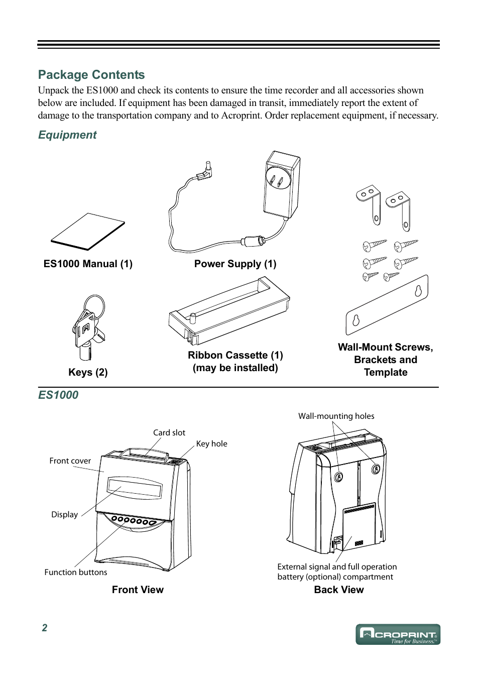 Package contents, Equipment, Es1000 | Acroprint ES1000 User Manual | Page 8 / 40