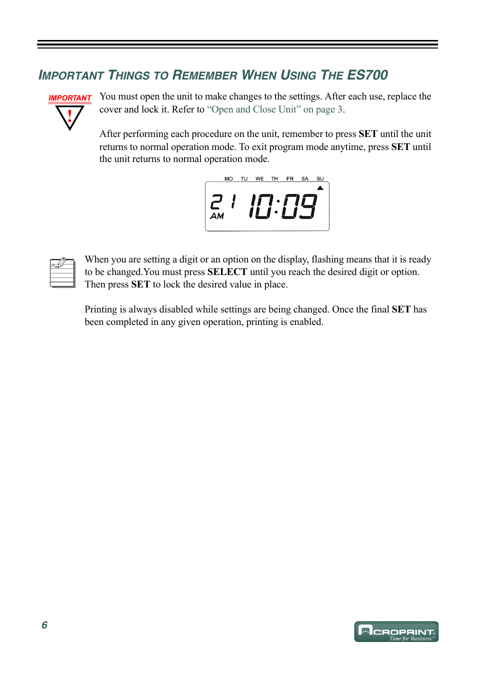 Important things to remember when using the es700, Es700 | Acroprint ES700 User Manual | Page 12 / 48