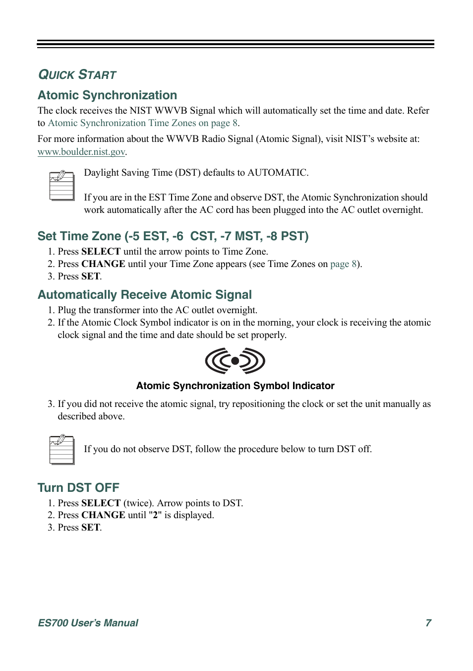 Quick start, Atomic synchronization, Set time zone (-5 est, -6 cst, -7 mst, -8 pst) | Automatically receive atomic signal, Turn dst off | Acroprint ES700 User Manual | Page 13 / 48