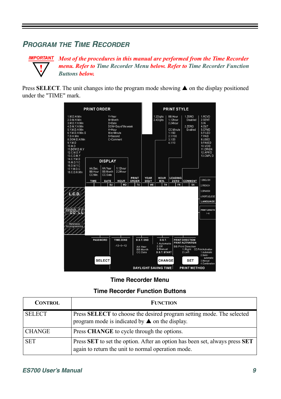 Program the time recorder | Acroprint ES700 User Manual | Page 15 / 48