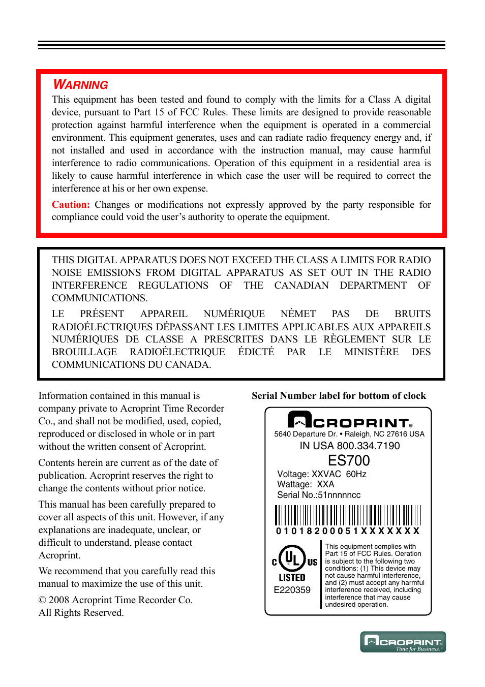 Acroprint ES700 User Manual | Page 2 / 48
