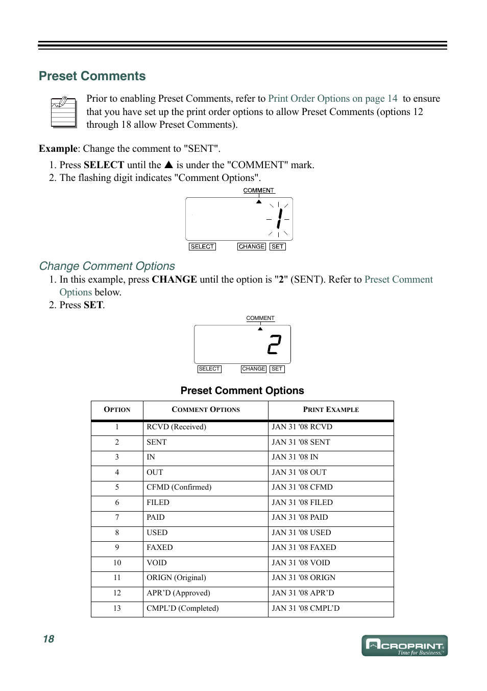 Preset comments, Change comment options | Acroprint ES700 User Manual | Page 24 / 48