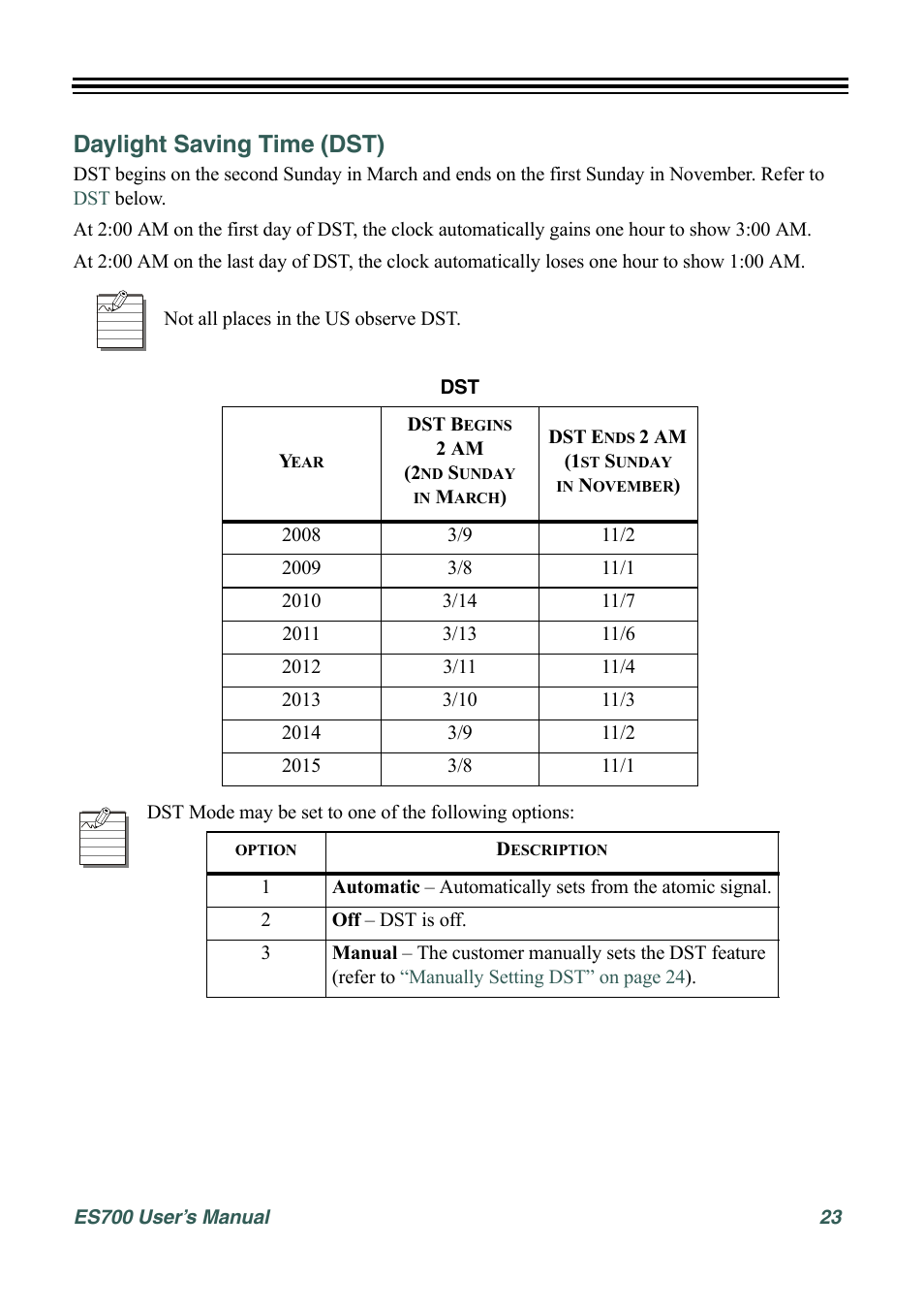 Daylight saving time (dst) | Acroprint ES700 User Manual | Page 29 / 48