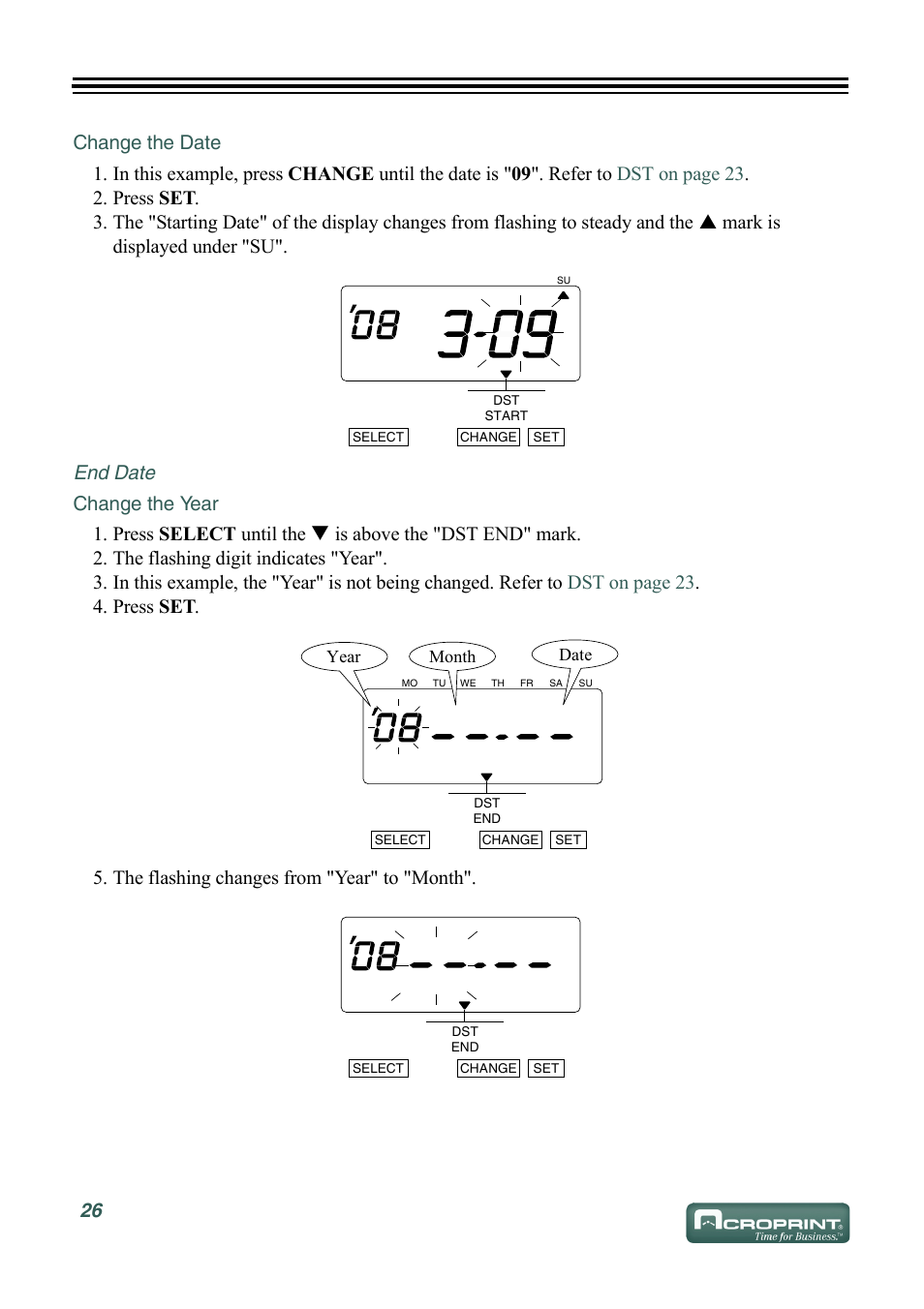 Change the date, End date, Change the year | Acroprint ES700 User Manual | Page 32 / 48