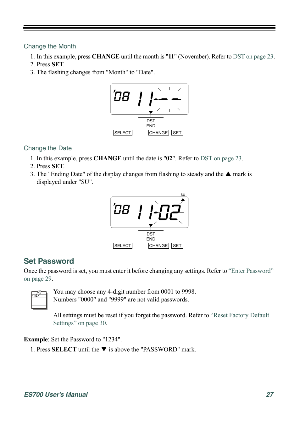 Change the month, Change the date, Set password | Acroprint ES700 User Manual | Page 33 / 48