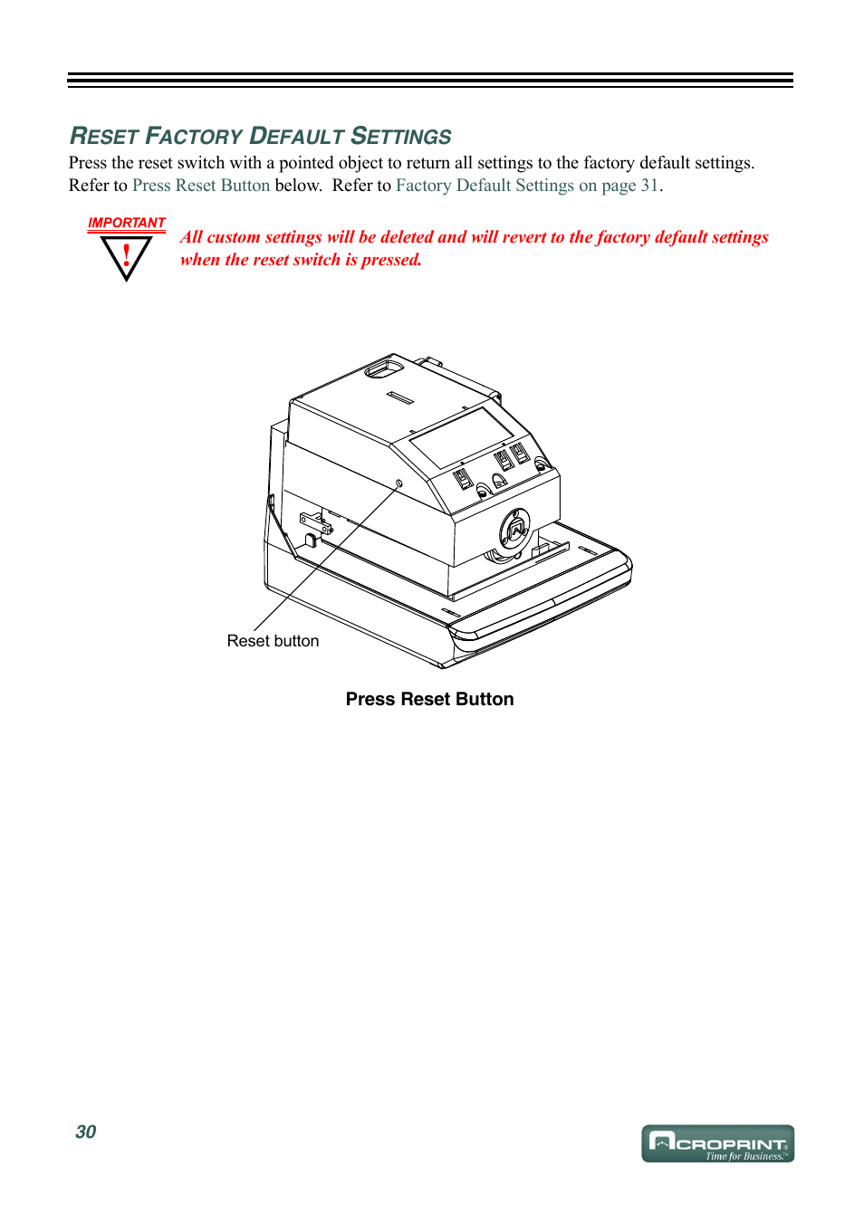 Reset factory default settings, Reset factory default | Acroprint ES700 User Manual | Page 36 / 48