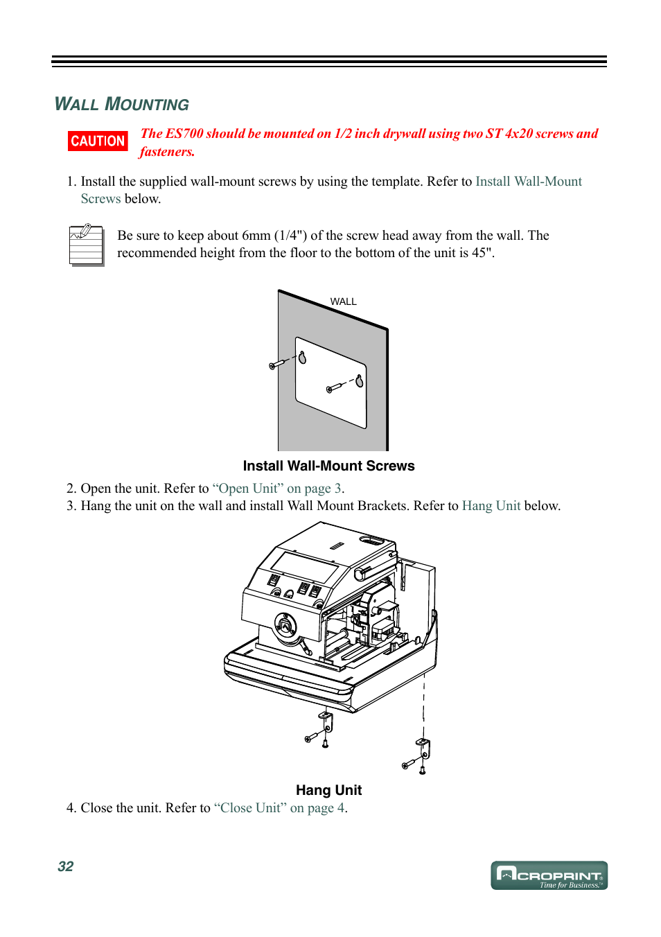 Wall mounting | Acroprint ES700 User Manual | Page 38 / 48