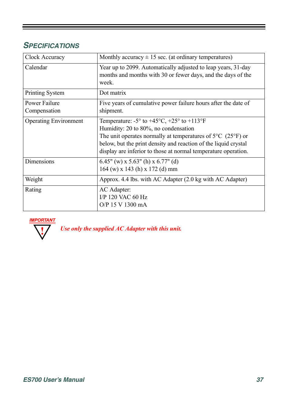 Specifications | Acroprint ES700 User Manual | Page 43 / 48