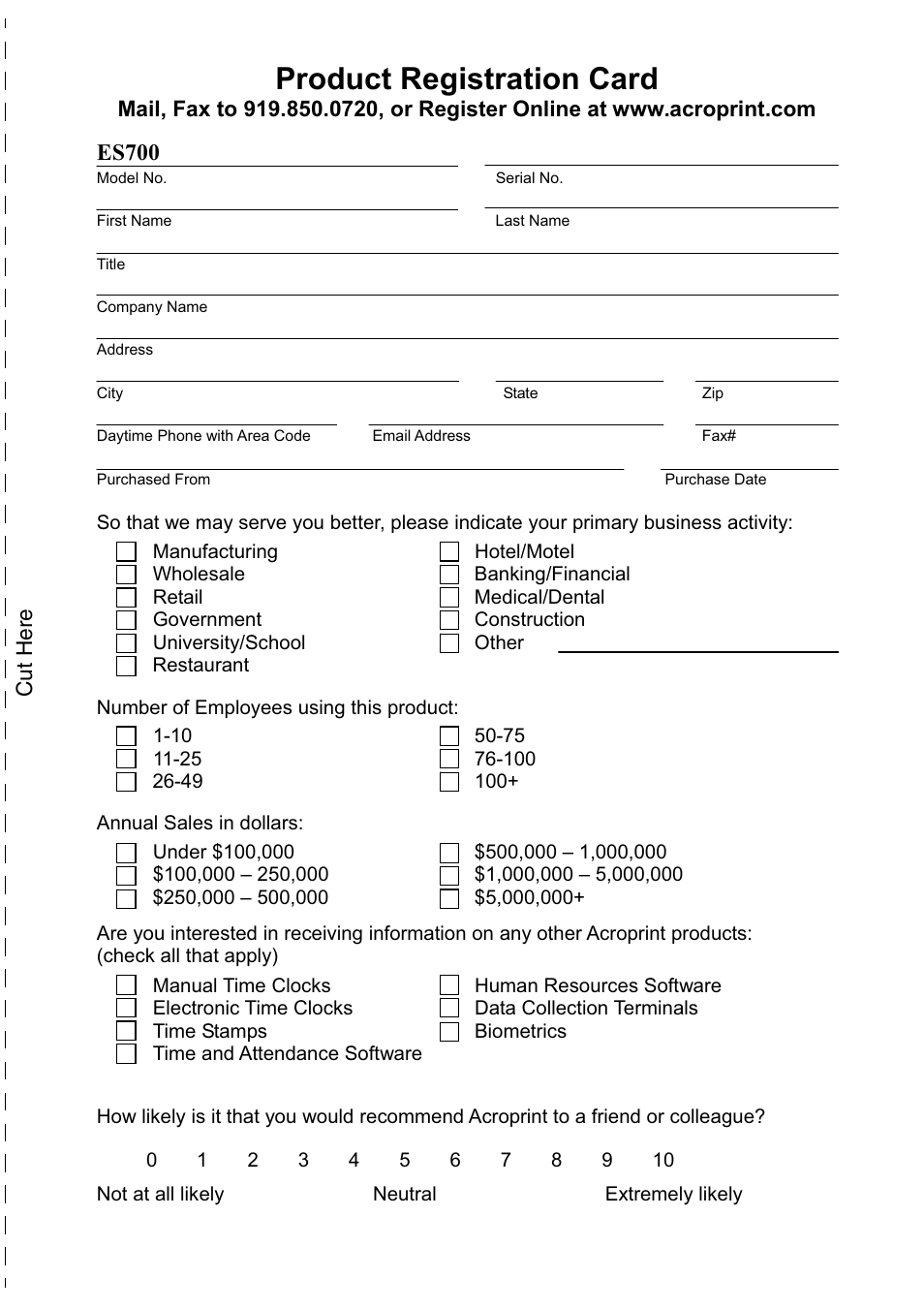Product registration card, Es700, Cut here | Acroprint ES700 User Manual | Page 45 / 48