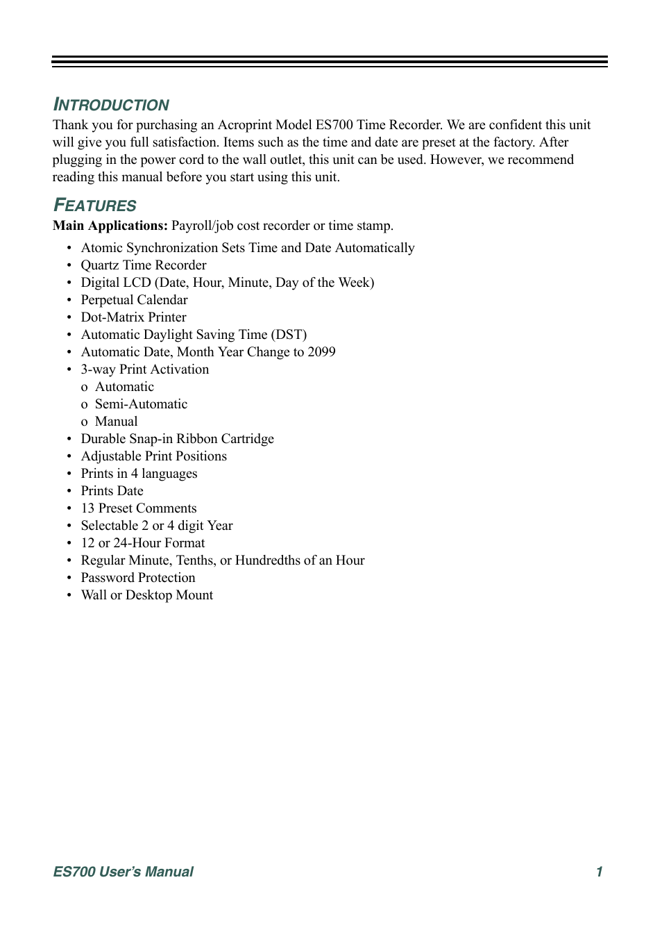 Introduction, Features | Acroprint ES700 User Manual | Page 7 / 48