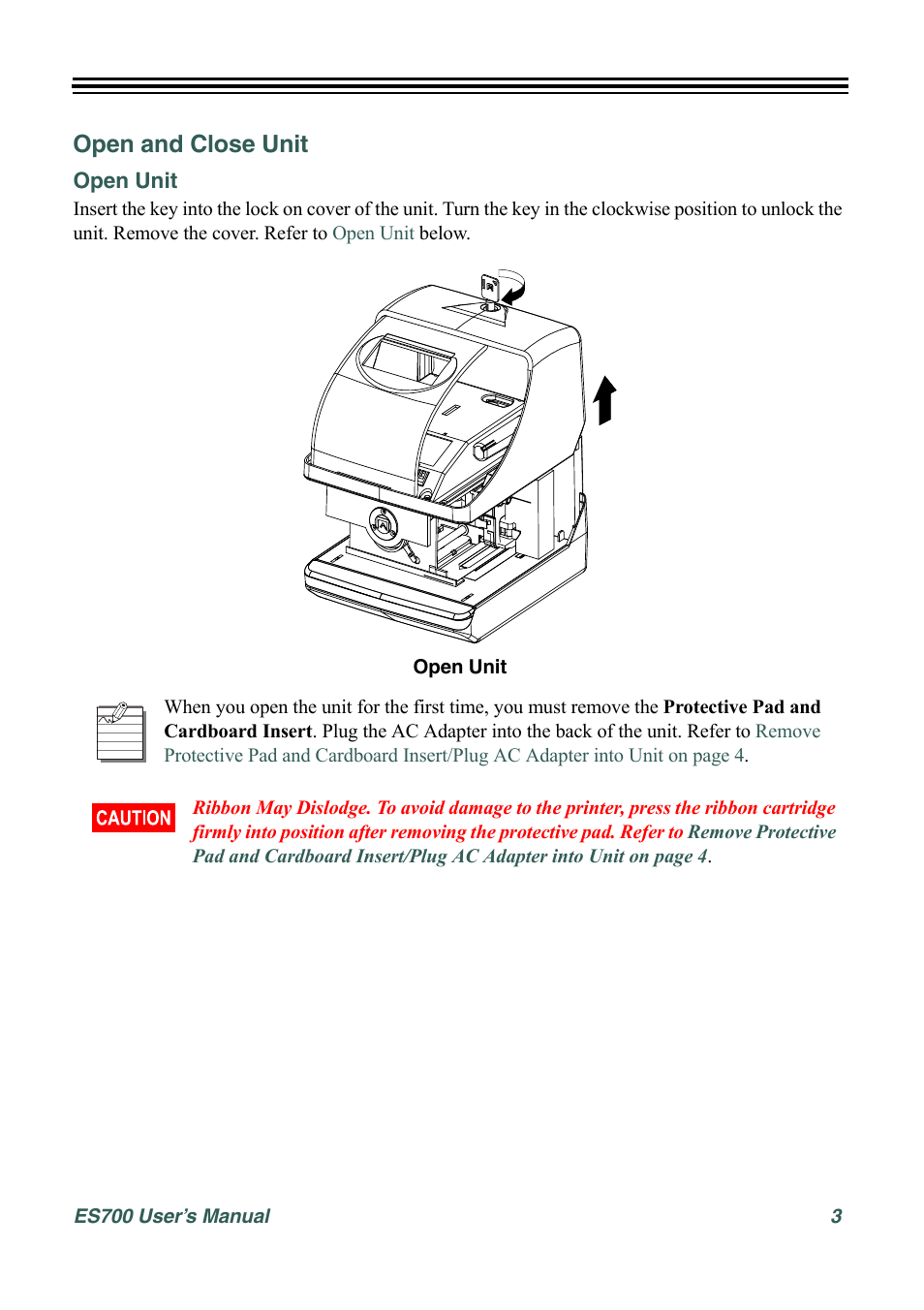 Open and close unit, Open unit | Acroprint ES700 User Manual | Page 9 / 48