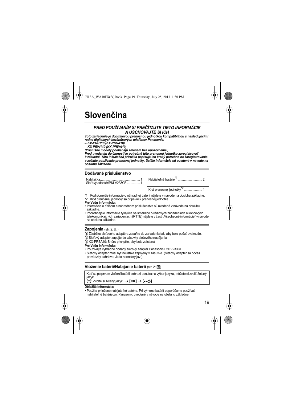 Slovenčina | Panasonic KXPRWA10FX User Manual | Page 19 / 76