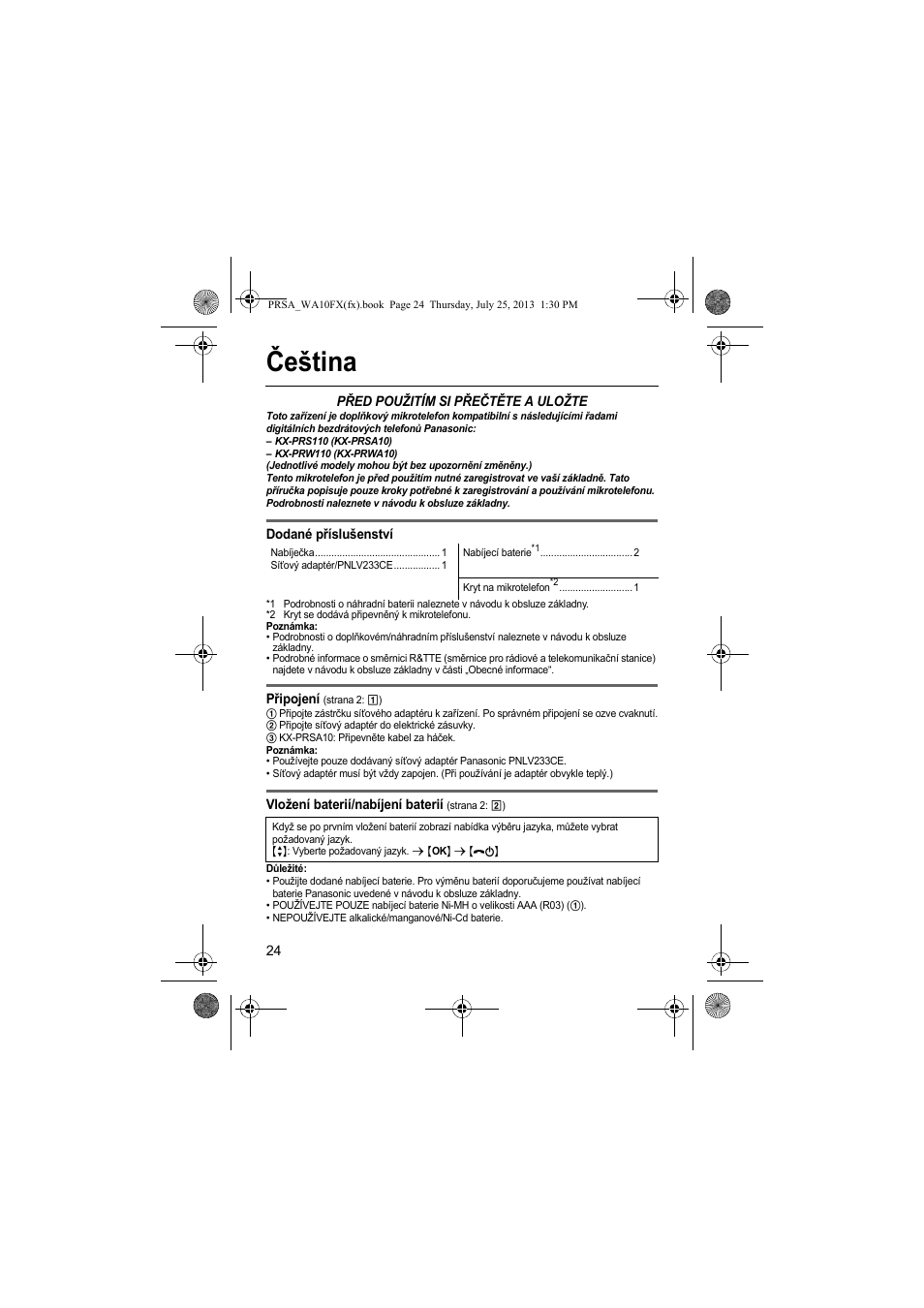 Čeština | Panasonic KXPRWA10FX User Manual | Page 24 / 76