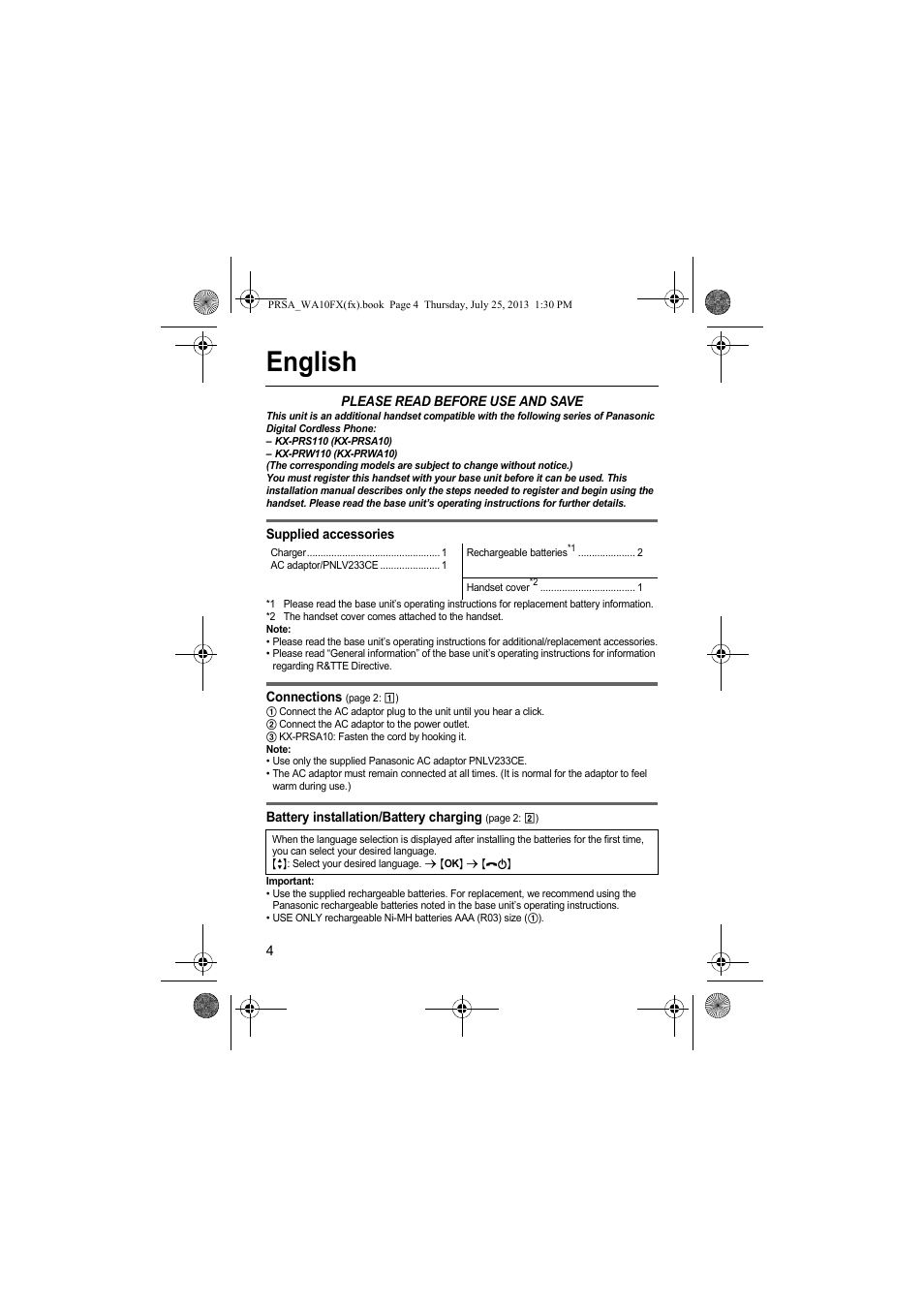 English | Panasonic KXPRWA10FX User Manual | Page 4 / 76