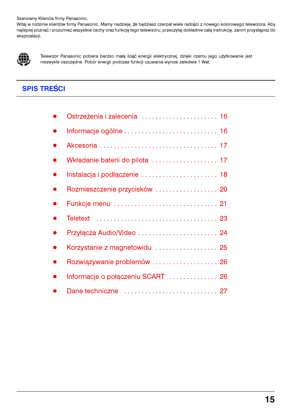 Spis tresci | Panasonic TX14S4TP User Manual | Page 15 / 40