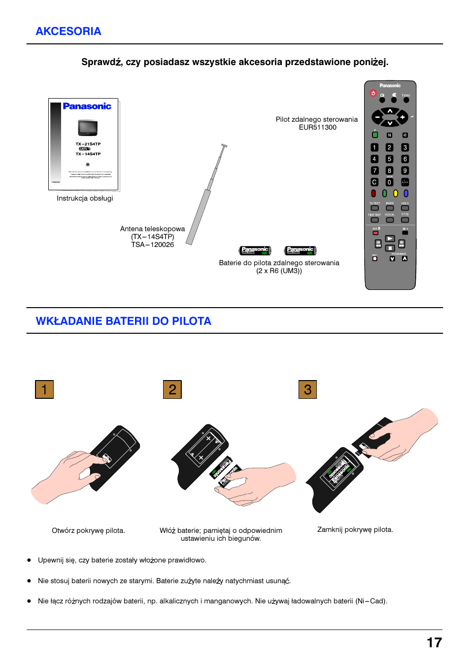 Akcesoria, Wktadanie baterii do pilota | Panasonic TX14S4TP User Manual | Page 17 / 40