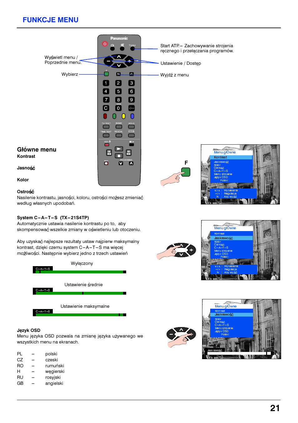Funkcje menu, Gtowne menu | Panasonic TX14S4TP User Manual | Page 21 / 40