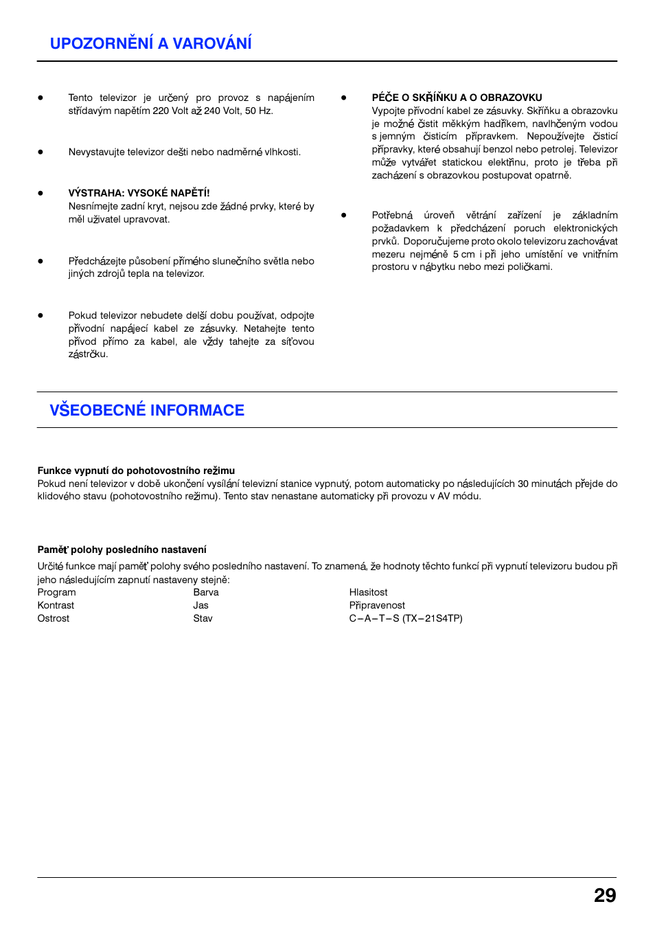 Vseobecne informace, Vseobecné informace, Upozorneni a varovani | Panasonic TX14S4TP User Manual | Page 29 / 40