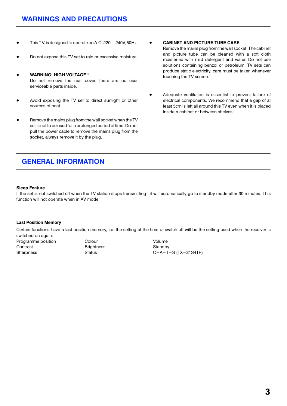 Warnings and precautions, Warning: high voltage, Cabinet and picture tube care | General information, Sleep feature, Last position memory | Panasonic TX14S4TP User Manual | Page 3 / 40