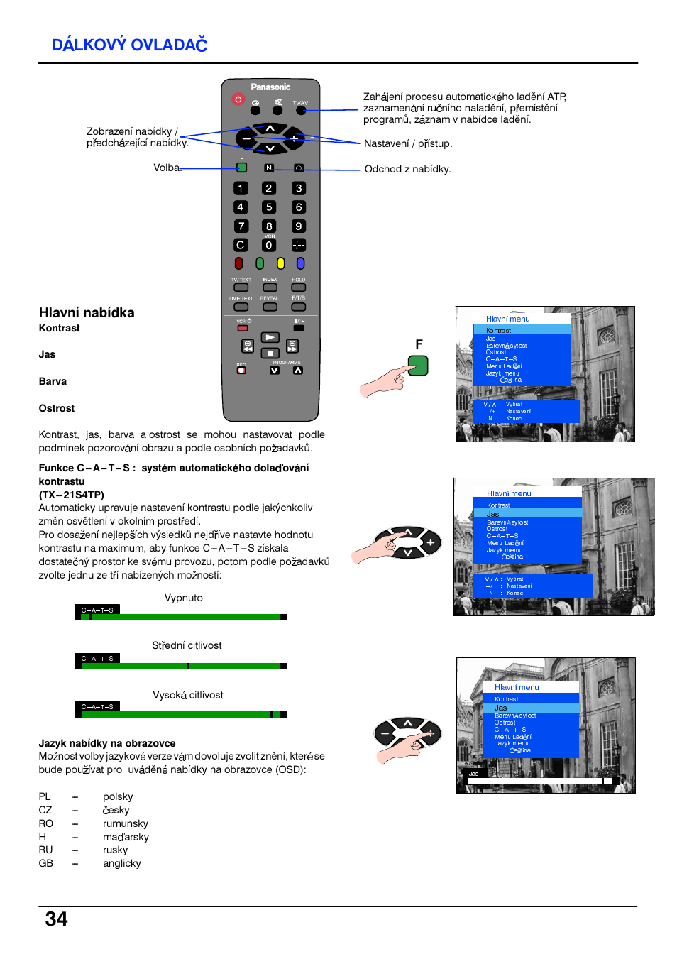 Dalkovy ovladac, Hlavni nabidka | Panasonic TX14S4TP User Manual | Page 34 / 40
