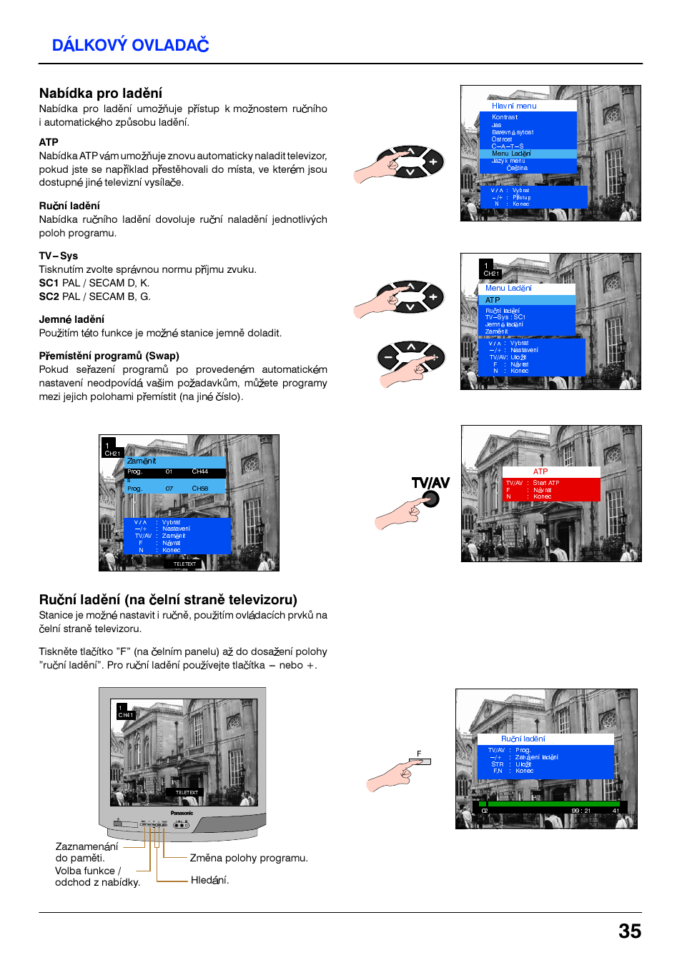 Dalkovy ovladac, Tv/av, Nabidka pro ladèni | Ruèni ladèni (na èeini stranè televizoru) | Panasonic TX14S4TP User Manual | Page 35 / 40