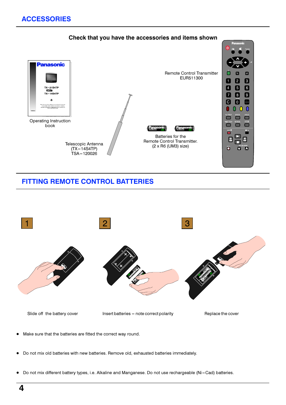 Accessories, Fitting remote control batteries | Panasonic TX14S4TP User Manual | Page 4 / 40