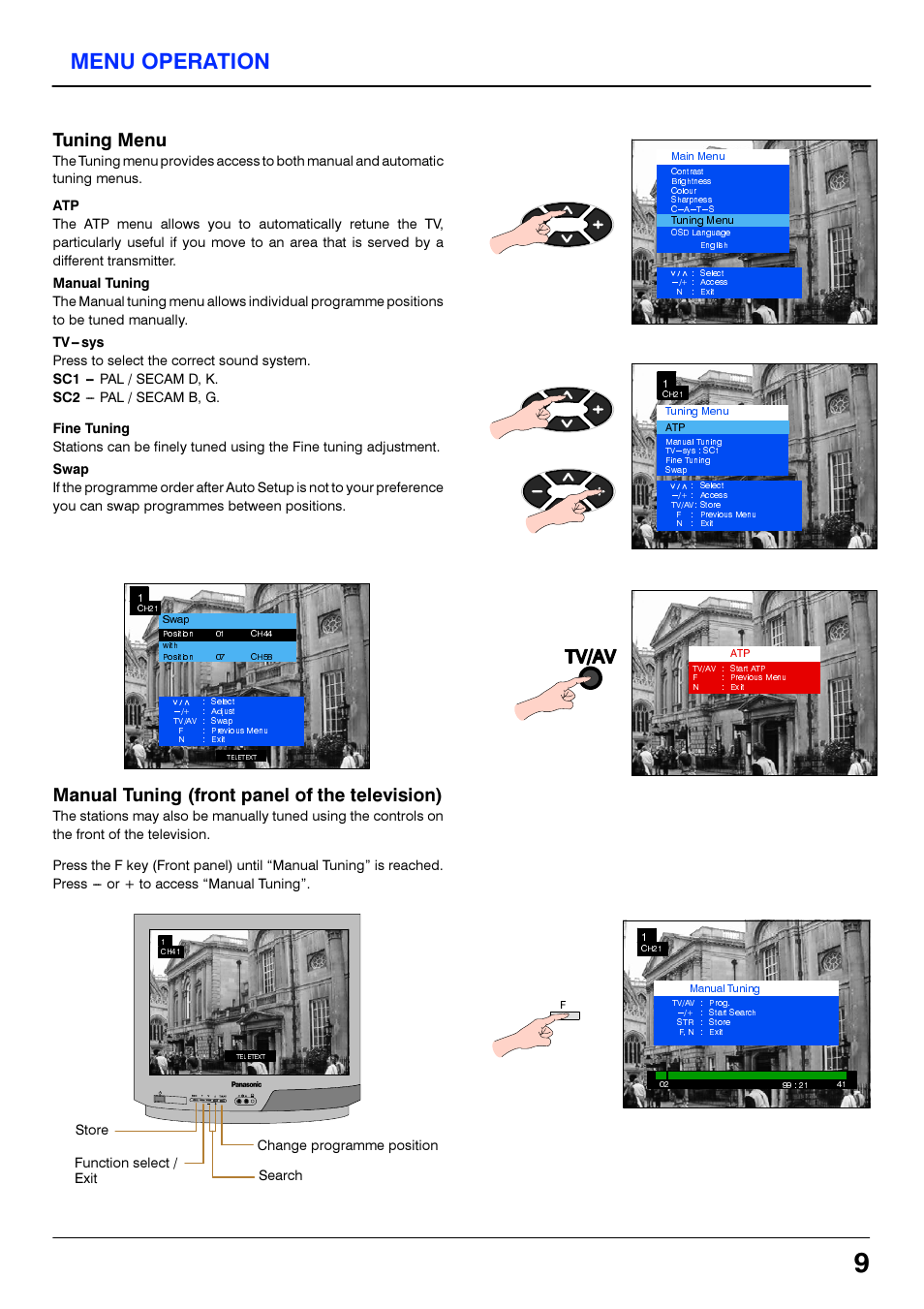 Tv/av, Menu operation, Tuning menu | Manual tuning (front panel of the television) | Panasonic TX14S4TP User Manual | Page 9 / 40