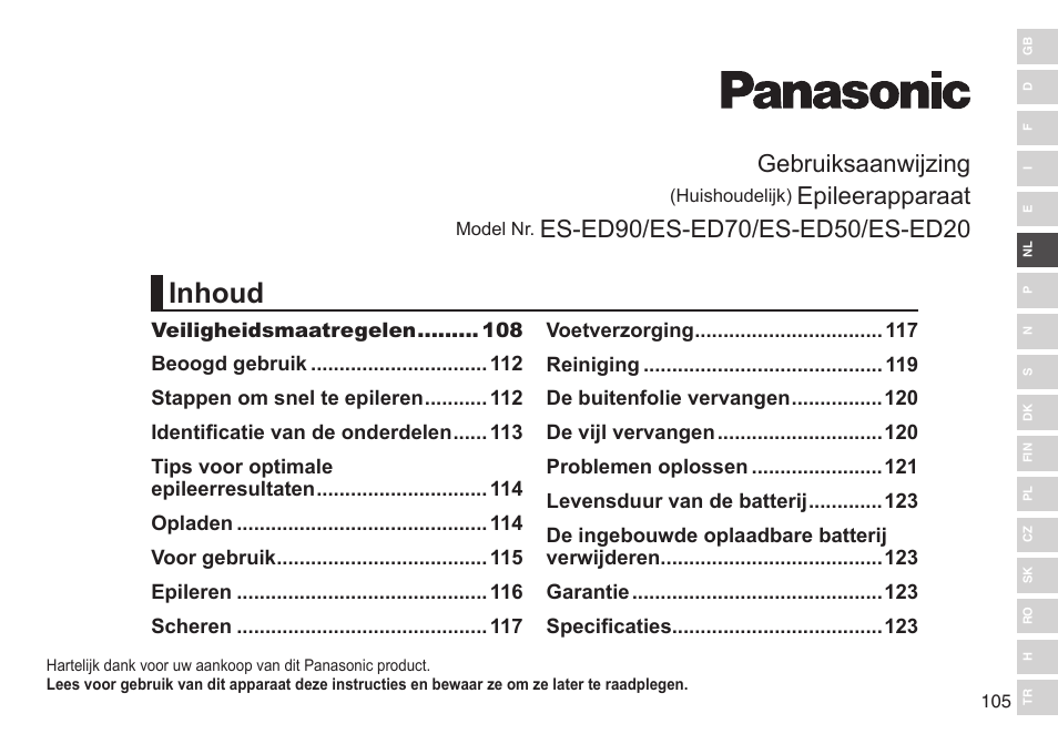 Inhoud, Gebruiksaanwijzing, Epileerapparaat | Panasonic ESED90 User Manual | Page 105 / 346