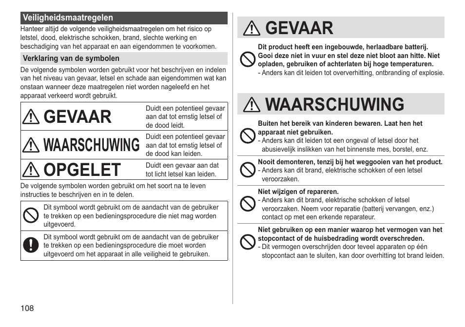 Gevaar, Waarschuwing, Opgelet | Panasonic ESED90 User Manual | Page 108 / 346
