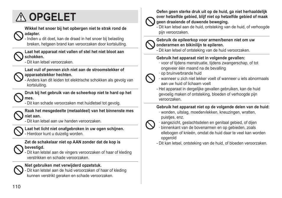 Opgelet | Panasonic ESED90 User Manual | Page 110 / 346