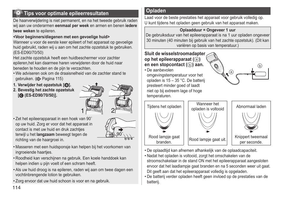 Tipsvooroptimaleepileerresultaten, Opladen | Panasonic ESED90 User Manual | Page 114 / 346