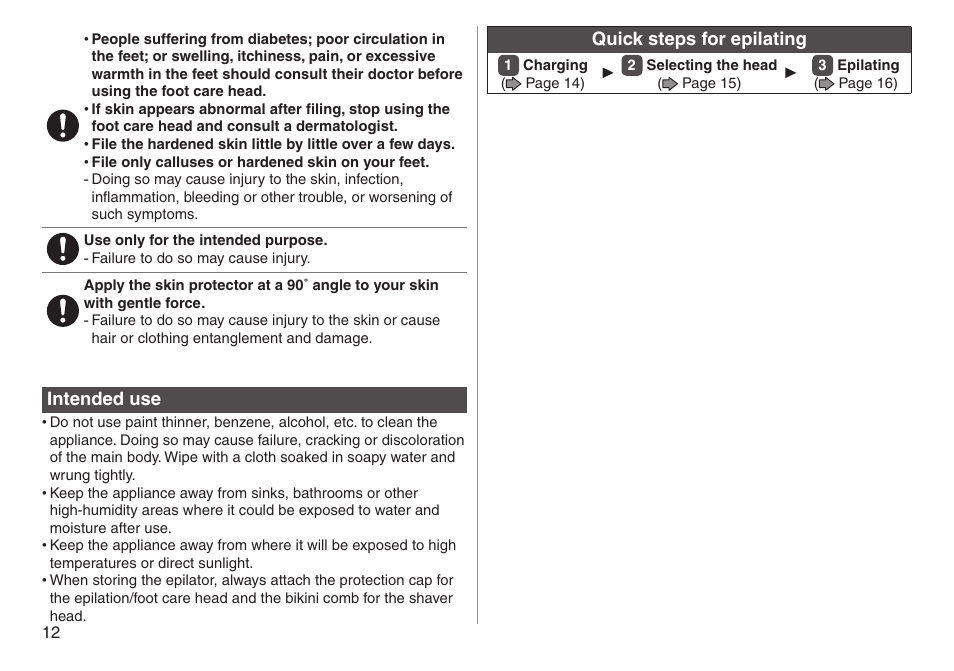 Intended use, Quick steps for epilating | Panasonic ESED90 User Manual | Page 12 / 346