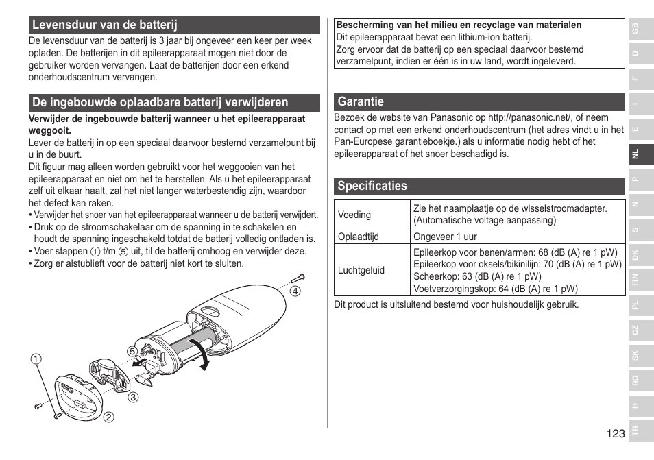Levensduurvandebatterij, Deingebouwdeoplaadbarebatterijverwijderen, Garantie | Specificaties | Panasonic ESED90 User Manual | Page 123 / 346