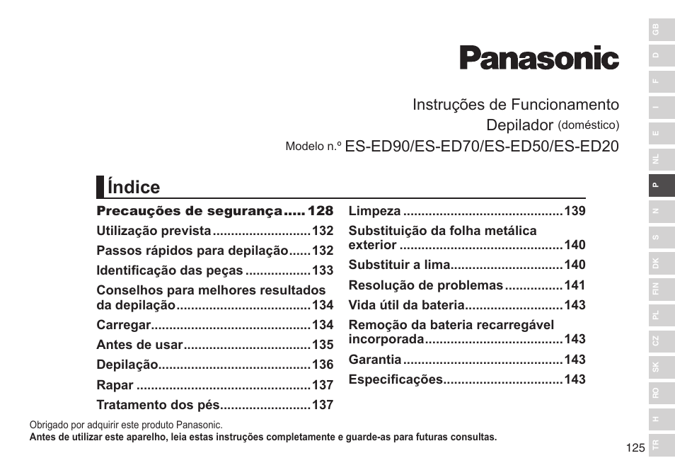Índice, Instruções de funcionamento depilador | Panasonic ESED90 User Manual | Page 125 / 346