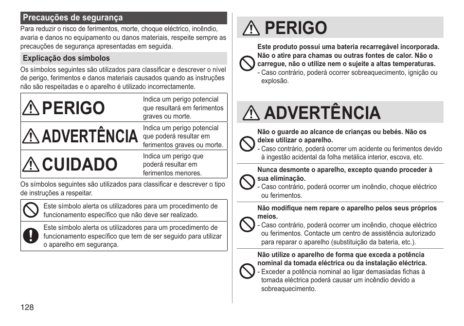 Perigo, Advertência, Cuidado | Panasonic ESED90 User Manual | Page 128 / 346