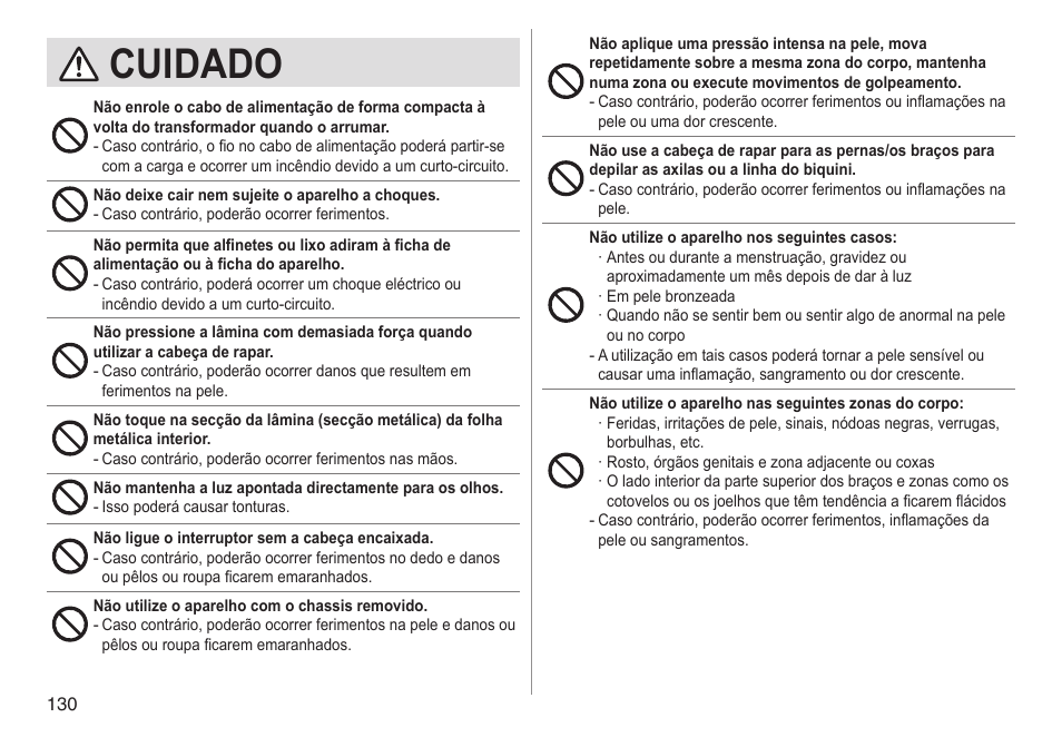 Cuidado | Panasonic ESED90 User Manual | Page 130 / 346
