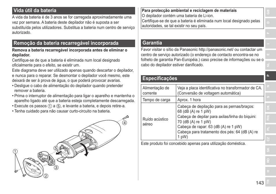Vidaútildabateria, Remoçãodabateriarecarregávelincorporada, Garantia | Especificações | Panasonic ESED90 User Manual | Page 143 / 346