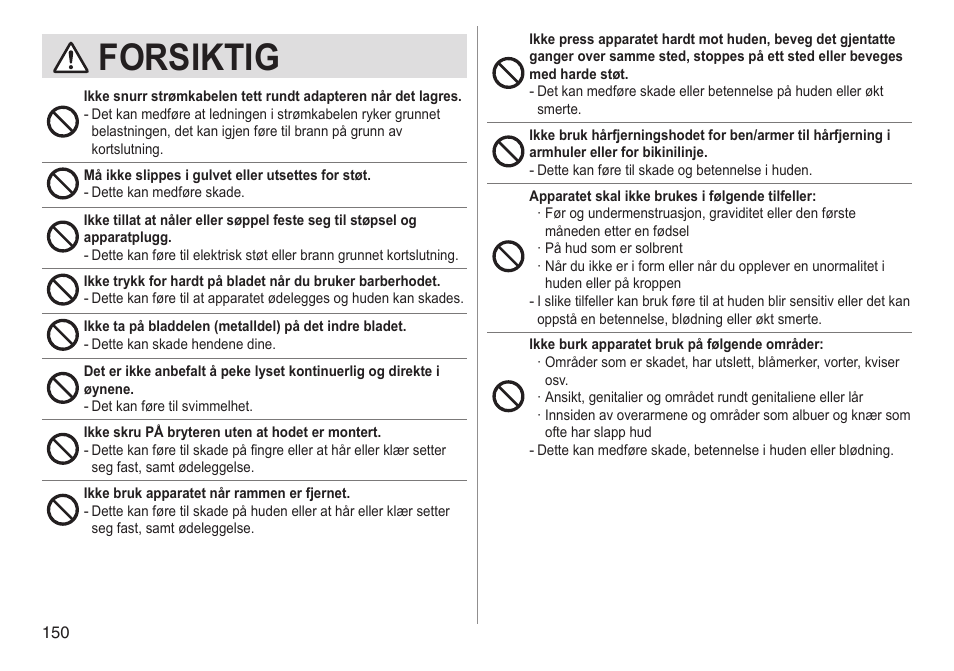 Forsiktig | Panasonic ESED90 User Manual | Page 150 / 346