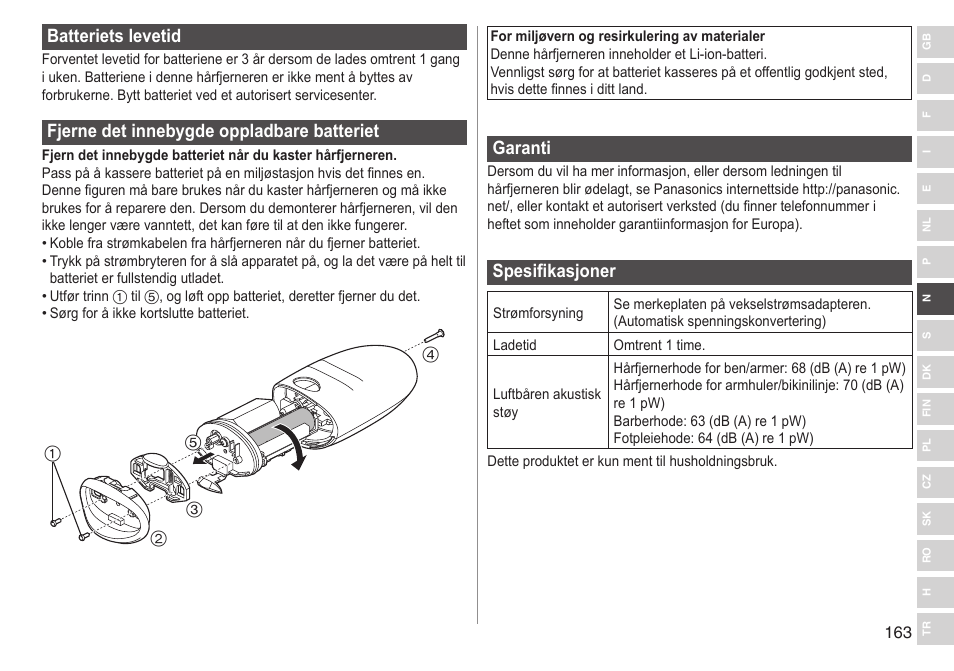 Batterietslevetid, Fjernedetinnebygdeoppladbarebatteriet, Garanti | Spesifikasjoner | Panasonic ESED90 User Manual | Page 163 / 346